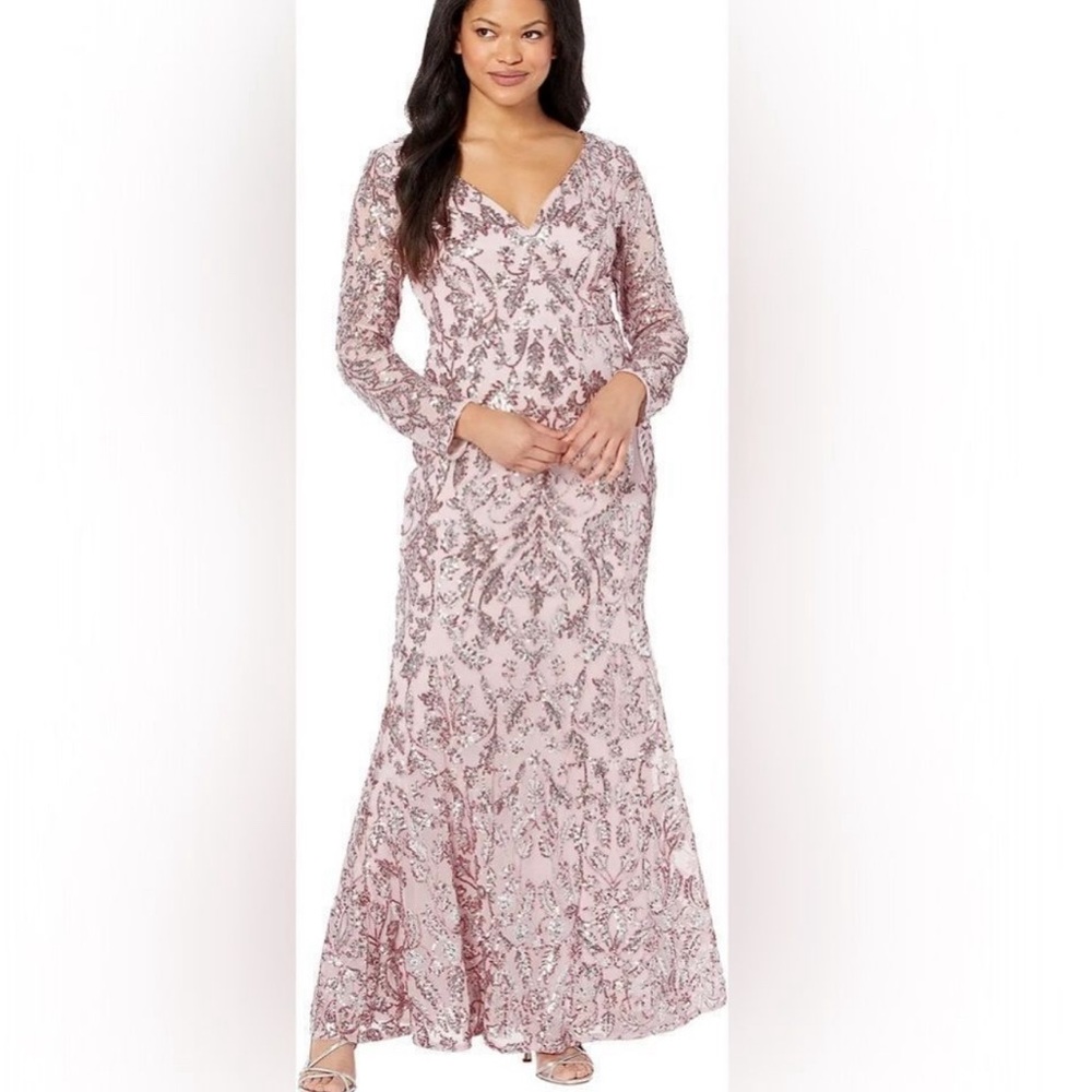 ADRIANNA PAPELL Pink Sequined Zippered Lined Long Sleeve V Neck Formal Gown